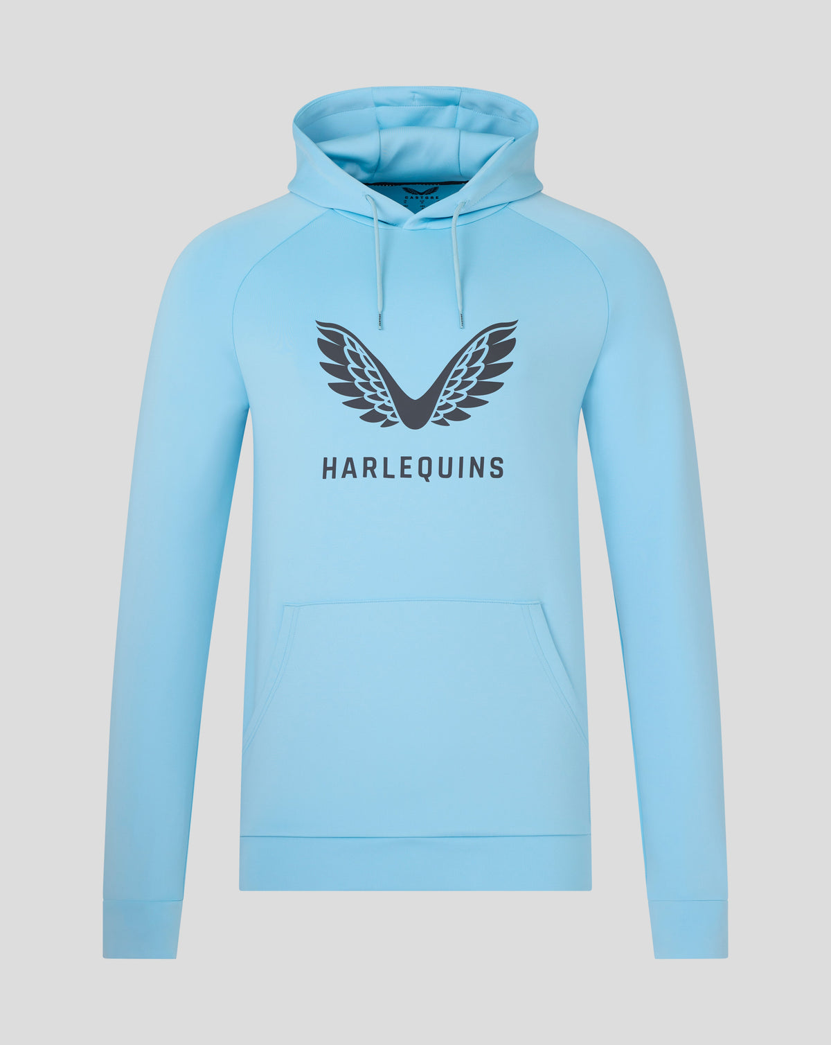 Harlequins light blue presentation scuba hoodie with wing logo and branding.