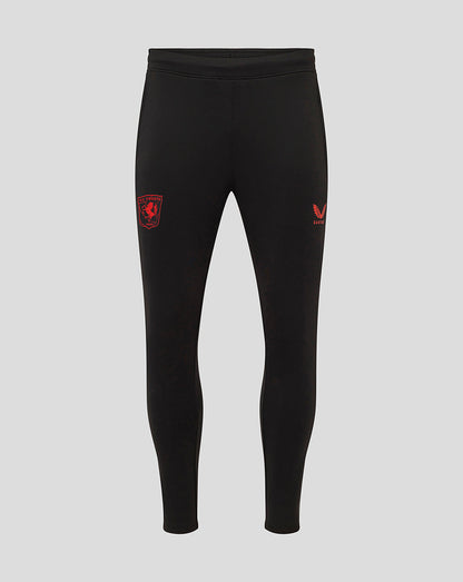 Front view of black FC Twente performance pants showing a red crest on the left thigh and a Castore emblem on the right thigh.