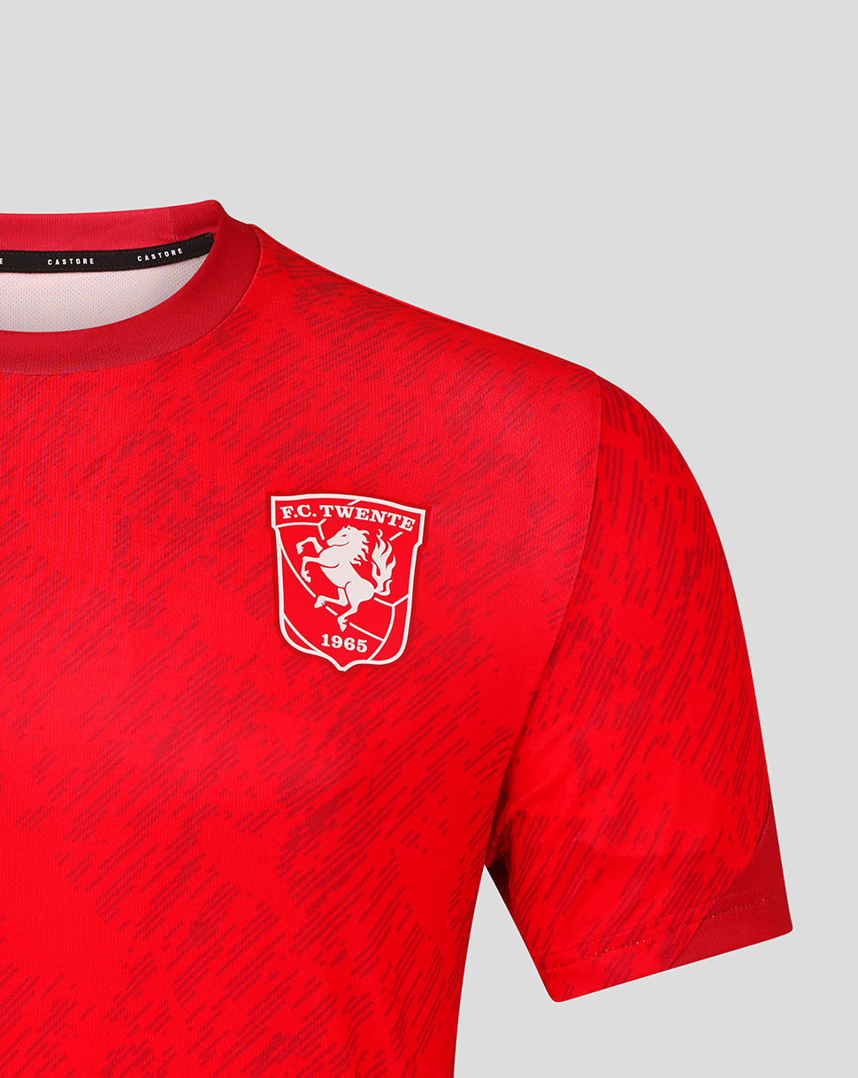 Red FC Twente matchday T shirt with white crest on the chest and textured fabric