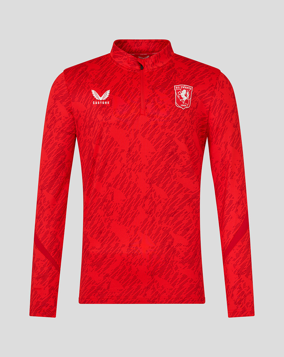 Red FC Twente matchday midlayer top with a zip collar, allover pattern, and chest crest