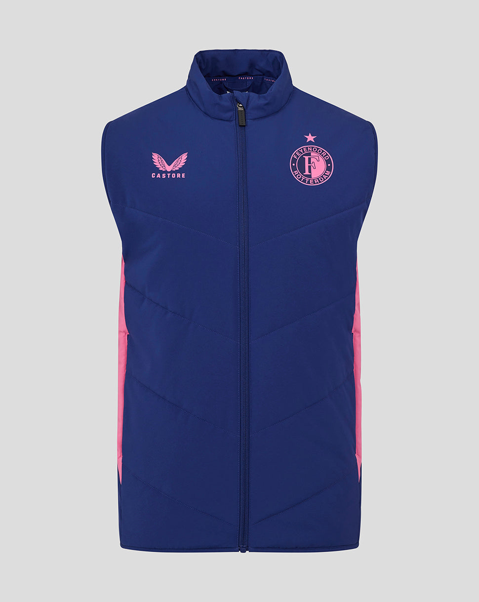 Navy blue Feyenoord 25/26 performance gilet sleeveless with pink side panels and the club crest on the left chest.