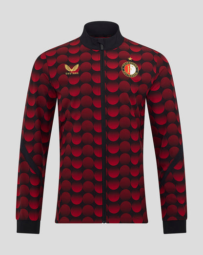 Front view of Feyenoord 2025-2026 Home Matchday Jacket in red and black dot pattern with full zip and club crest.