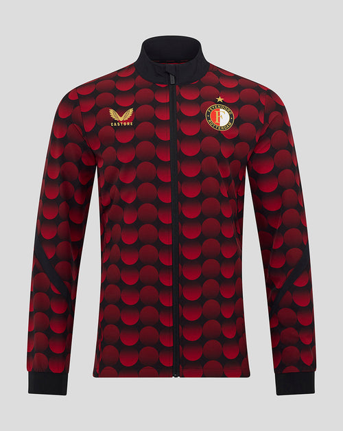 Front view of Feyenoord 2025-2026 Home Matchday Jacket in red and black dot pattern with full zip and club crest.
