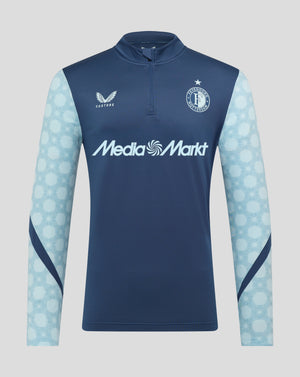 Feyenoord away matchday midlayer in dark blue with light blue honeycomb sleeves and MediaMarkt front logo