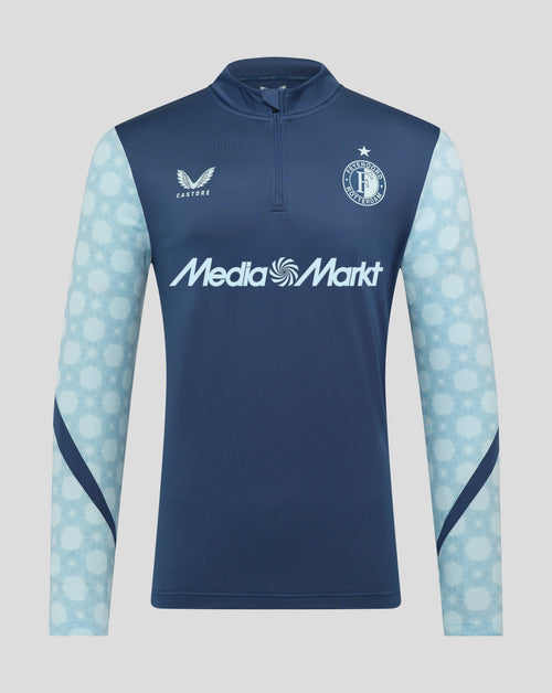 Feyenoord away matchday midlayer in dark blue with light blue honeycomb sleeves and MediaMarkt front logo