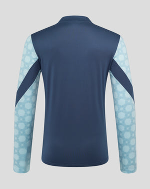 Back view of Feyenoord Away Matchday Midlayer in dark navy with light blue patterned sleeves.