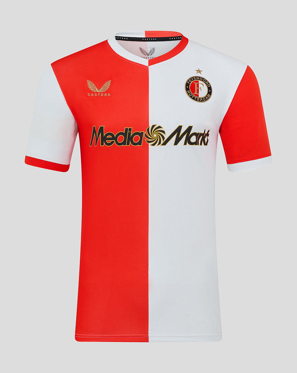 Full front view of Feyenoord 25/26 home shirt with red and white vertical split, MediaMarkt sponsor, and club logos
