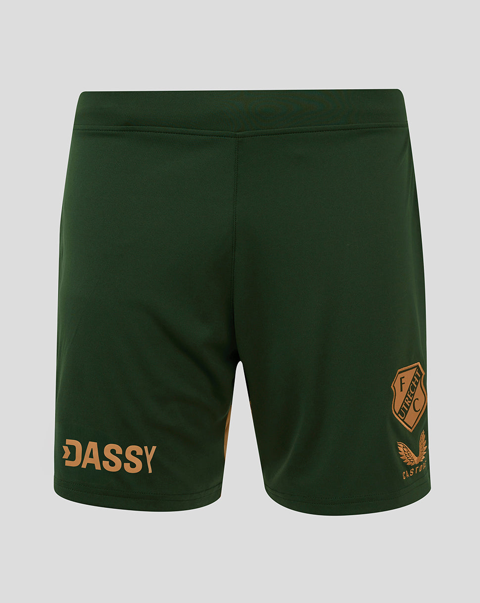 FC Utrecht green 25/26 away shorts featuring club crest on the right leg and DASSY branding on the left