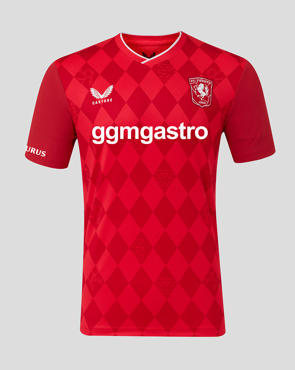 Front view of FC Twente 25/26 home shirt in red diamond pattern with Enschede crest on chest