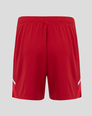 Back view of red FC Twente 25/26 home shorts showing crest on the left leg and Castore logo on the right leg