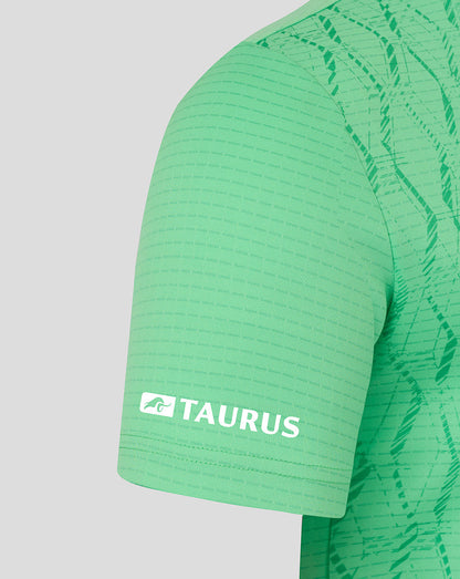 Close up of the sleeve on a light green FC Twente goalkeeper shirt featuring the Taurus logo