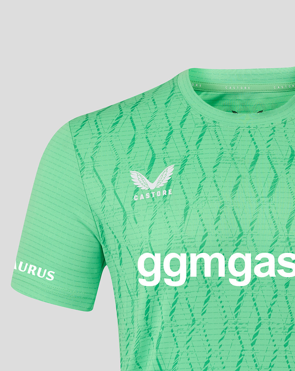 Front view of green FC Twente goalkeeper shirt with bold white sponsor text across the chest and the club crest on the left