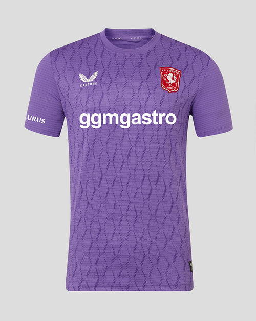 Front view of FC Twente purple goalkeeper shirt with geometric pattern, crest on the left chest and white sponsor text across the chest.