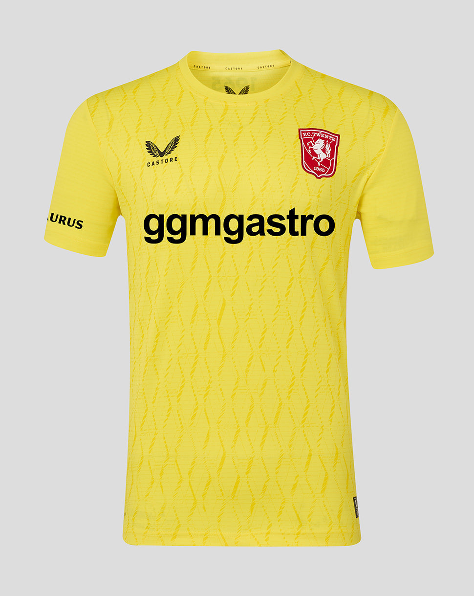 Yellow sports jersey with branding on a gray background