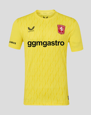 Yellow sports jersey with branding on a gray background