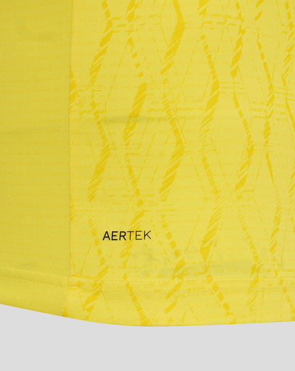 Close-up of a yellow textured fabric with 'AERTEK' branding.