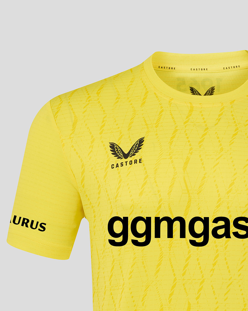 Yellow sports jersey with branding on a gray background