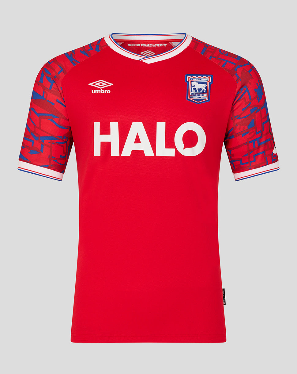Ipswich Town Men's 25/26 Away Short Sleeve Shirt - Racing Red/Surf The Web