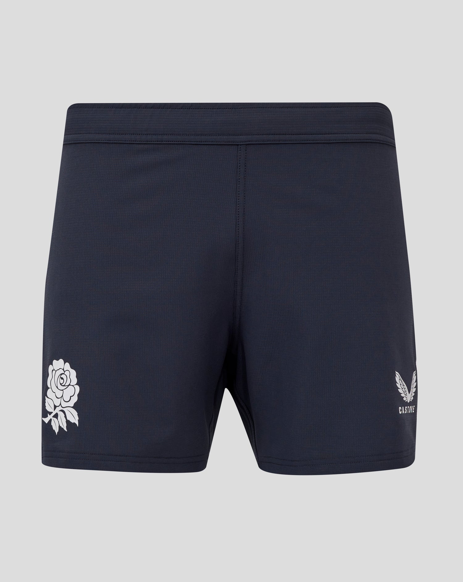 England Rugby men's navy contact shorts with a white rose graphic on the left leg and Castore branding on the right.