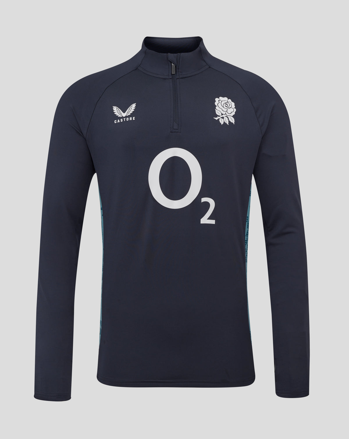 Navy long sleeve performance midlayer with rose crest left chest and O2 logo center front