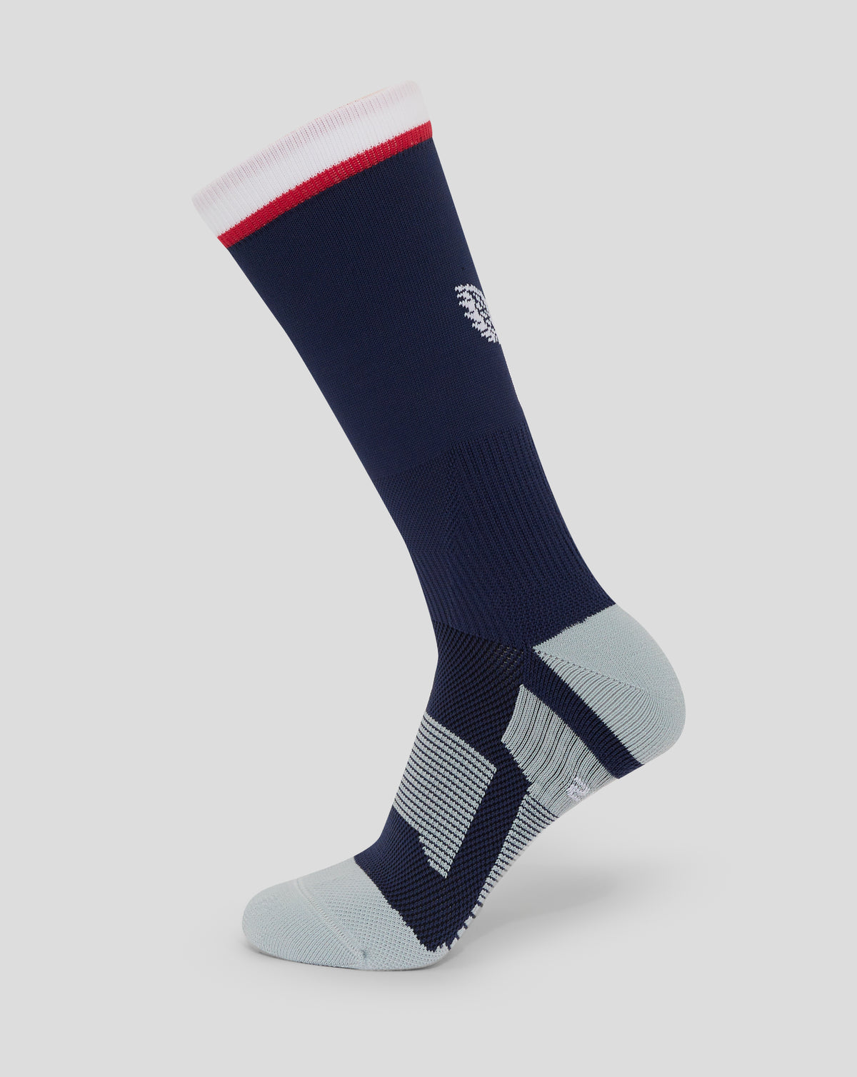 Adult England Rugby Home Mid Calf Sock in peacoat navy with white foldover cuff red stripe and Castore logo on back leg