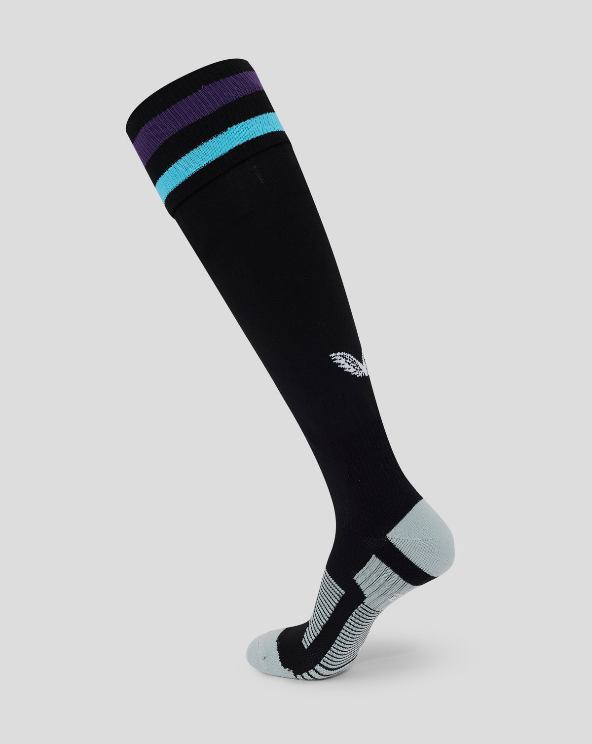 England Rugby junior alternate sock in black with purple and turquoise stripes and a small white crest near the ankle