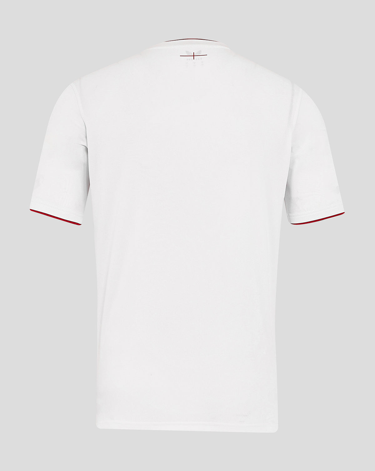 Back view of white England rugby home shirt with subtle neck tag and red trim along sleeves