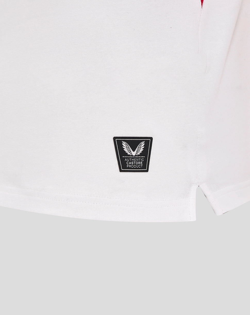 White long sleeve England rugby shirt hem with Castore authentic product badge.