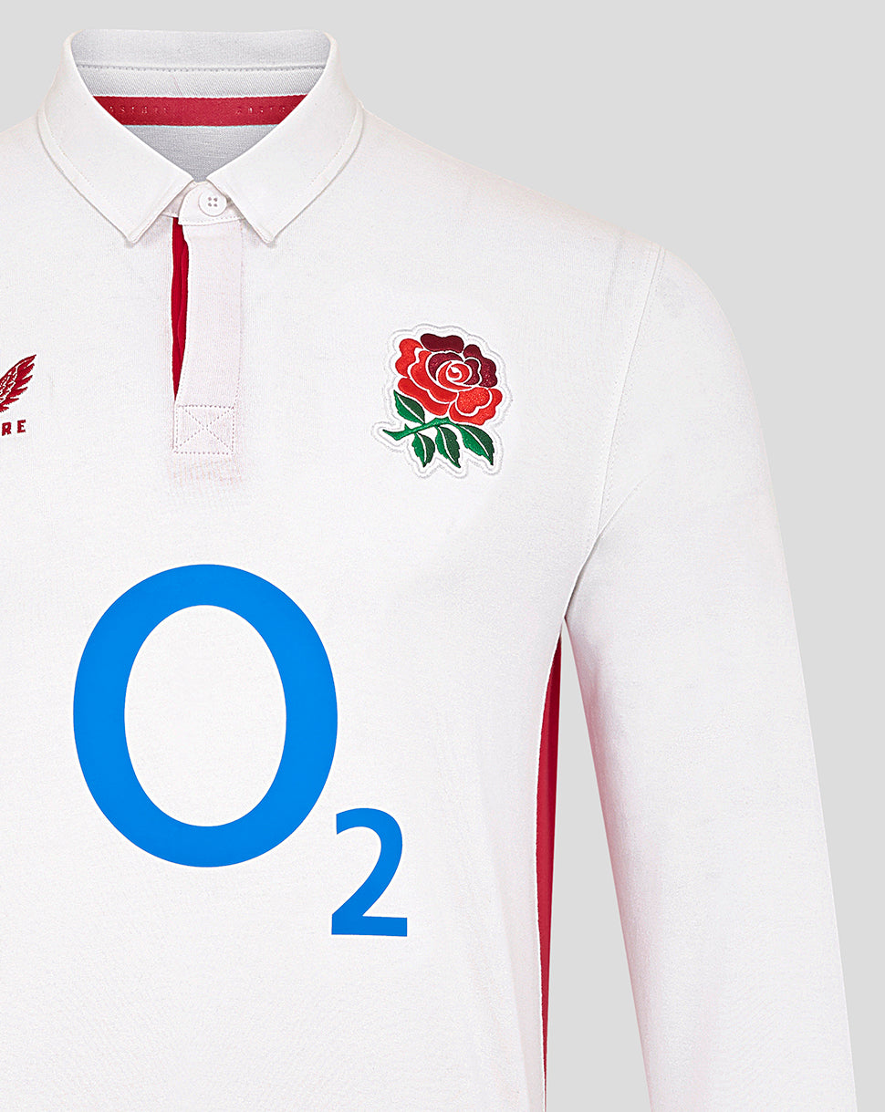 Front view of a white long sleeve rugby shirt with collar showing rose crest O2 logo center and Castore badge