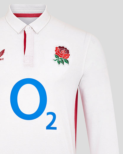 Front view of a white long sleeve rugby shirt with collar showing rose crest O2 logo center and Castore badge