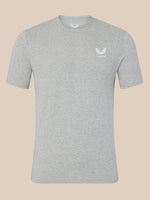 Gray t-shirt with a logo on a beige background
