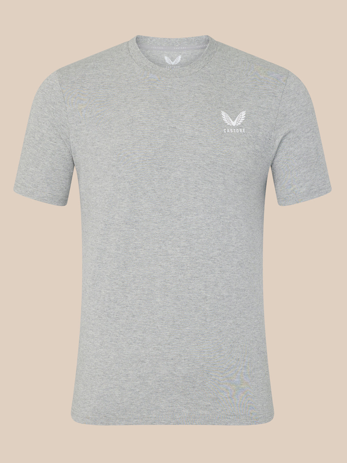 Gray t-shirt with a logo on a beige background