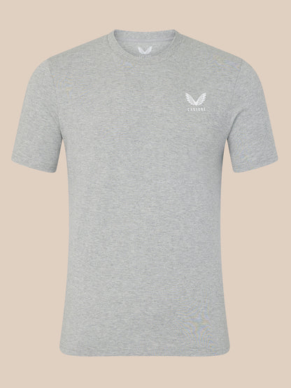 Gray t-shirt with a logo on a beige background