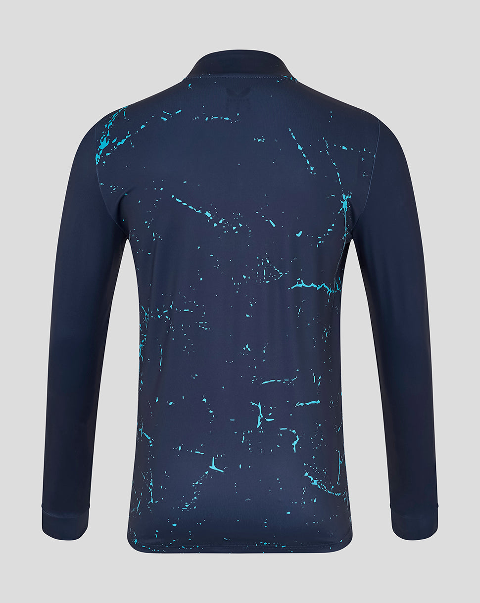 Navy long-sleeve shirt with blue pattern on a gray background
