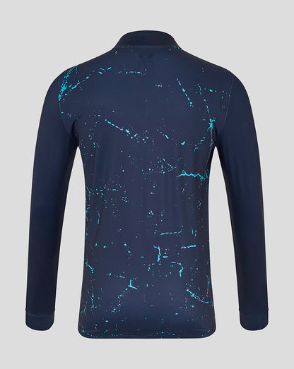 Navy long-sleeve shirt with blue pattern on a gray background