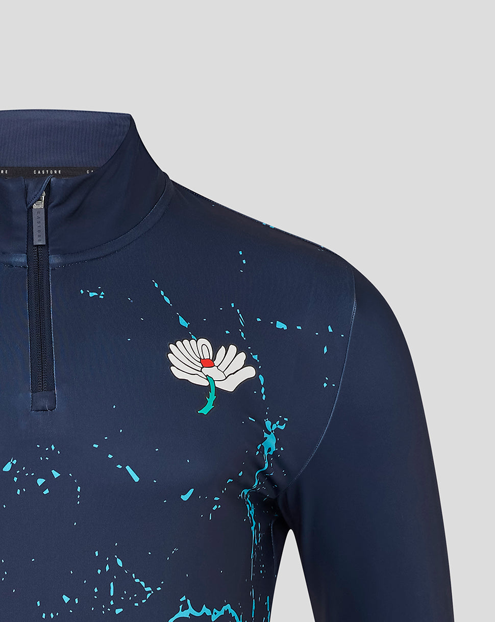 Navy long-sleeve shirt with a logo on a light gray background