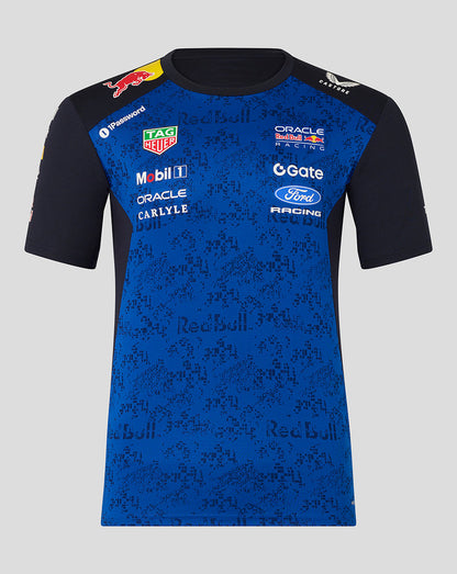 Blue and black sports jersey with various brand logos on a gray background