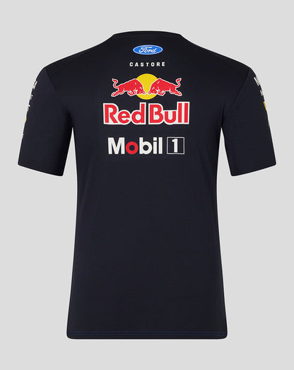 Black t-shirt with Red Bull and Mobil 1 logos on a gray background
