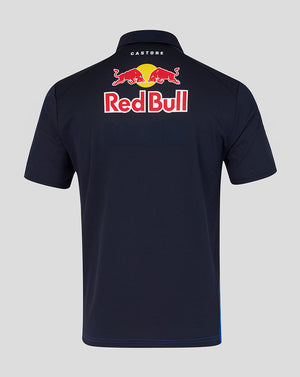 Navy blue polo shirt with Red Bull logo on the back against a light gray background