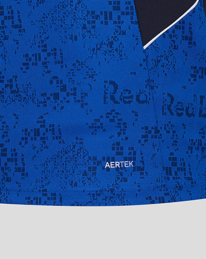 Blue jacket with black pattern and 'AERTEK' branding on a white background