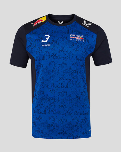 Blue and black sports jersey with Red Bull and Oracle branding on a gray background