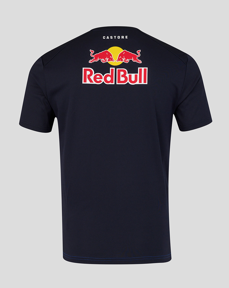 Black t-shirt with Red Bull logo on the back against a gray background