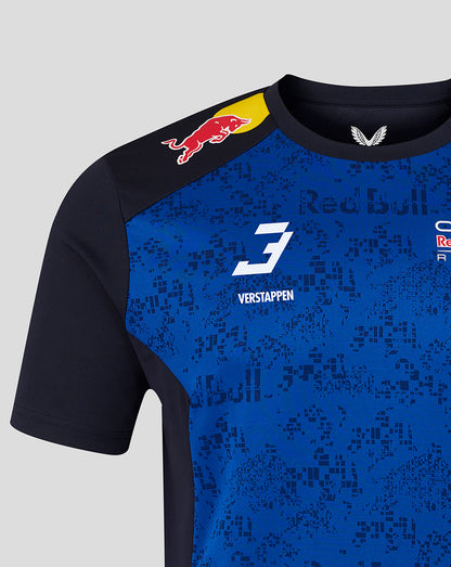 Oracle Red Bull Racing men's T shirt in night sky blue with Verstappen 3 logo and Red Bull shoulder badge