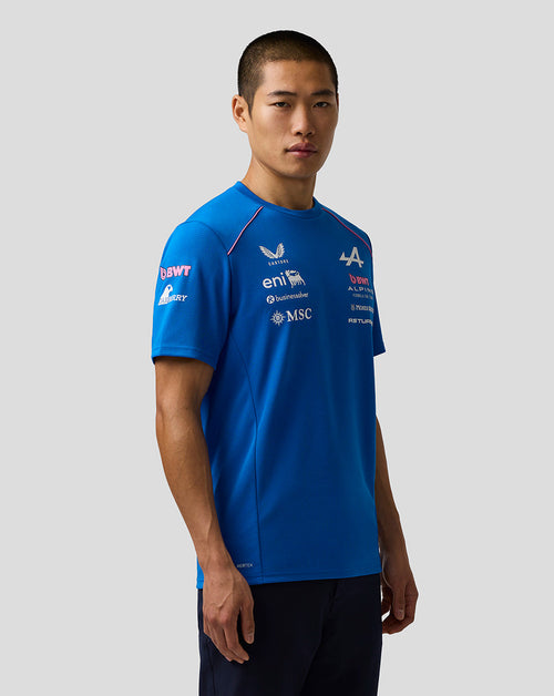 Person wearing a blue sports jersey with various logos on a white background
