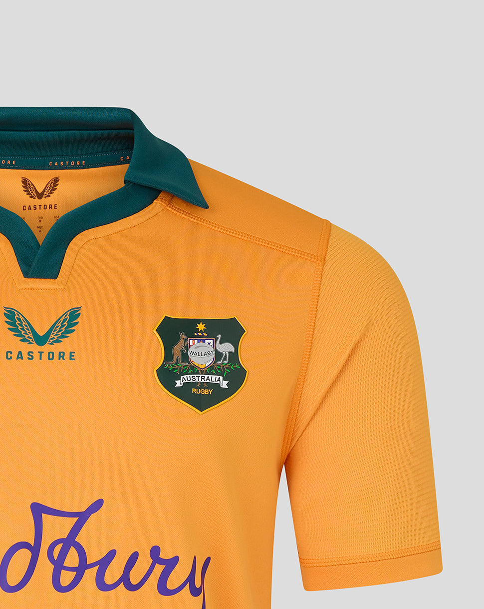 Orange rugby jersey with green collar and Australia Rugby emblem on a gray background
