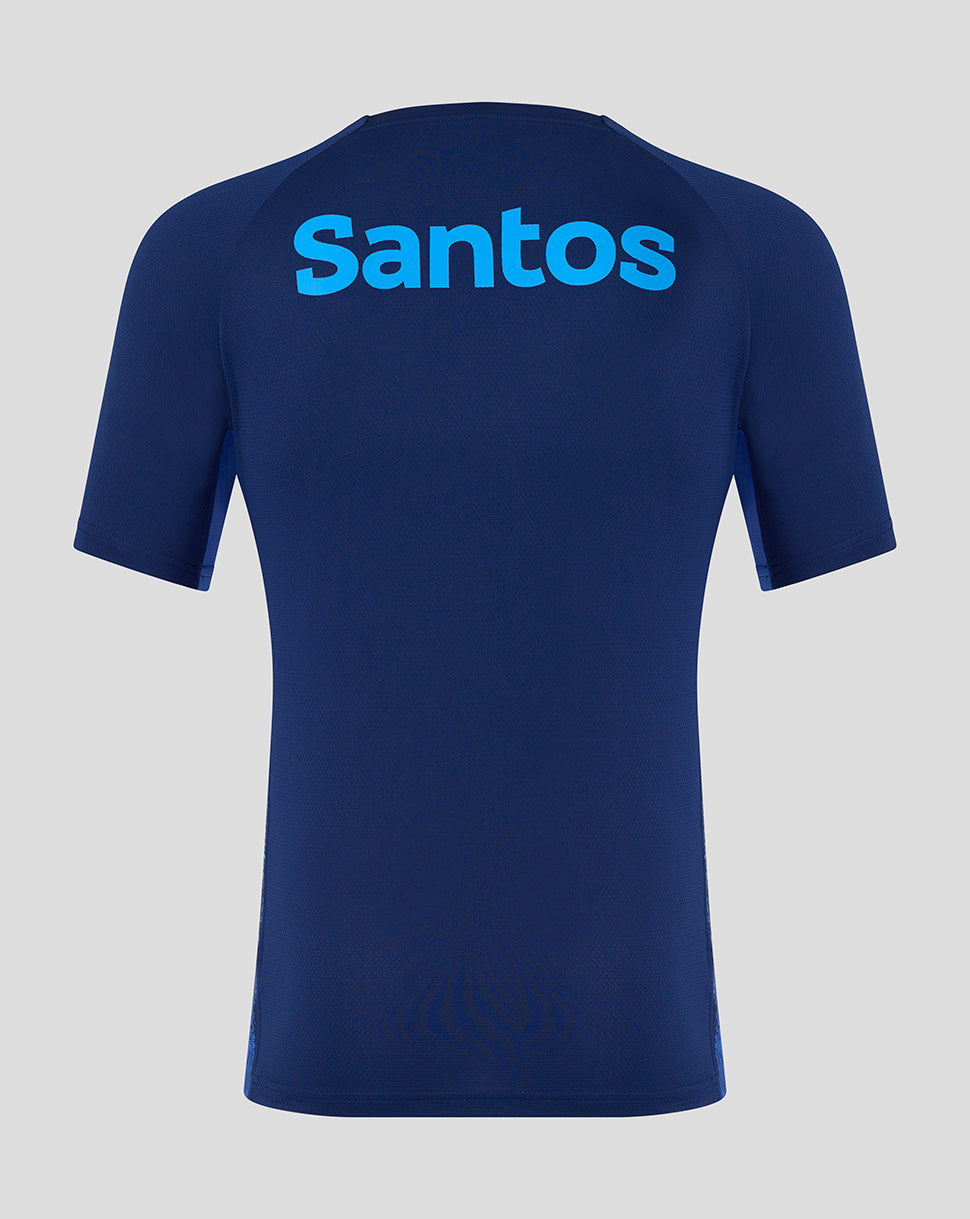 Navy blue t-shirt with 'Santos' branding on a light gray background