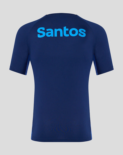Navy blue t-shirt with 'Santos' branding on a light gray background
