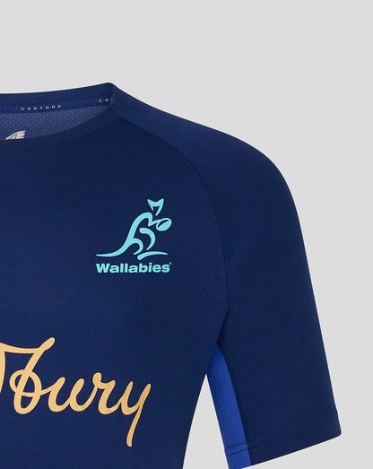 Navy blue sports jersey with 'Wallabies' logo and 'Bally' branding on a light gray background