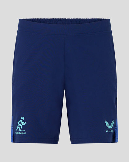 Navy blue shorts with logos on a light gray background