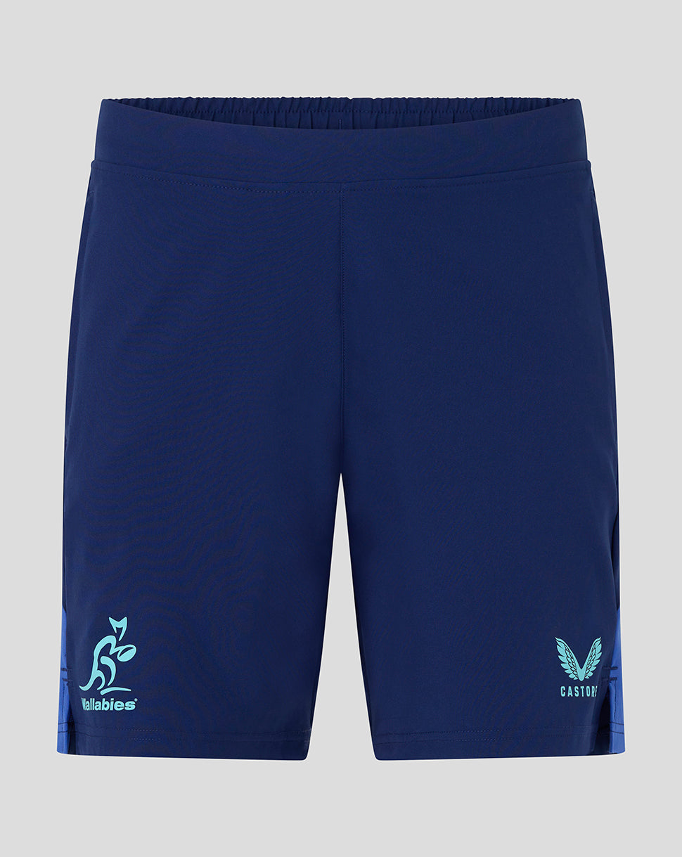 Navy blue shorts with logos on a light gray background